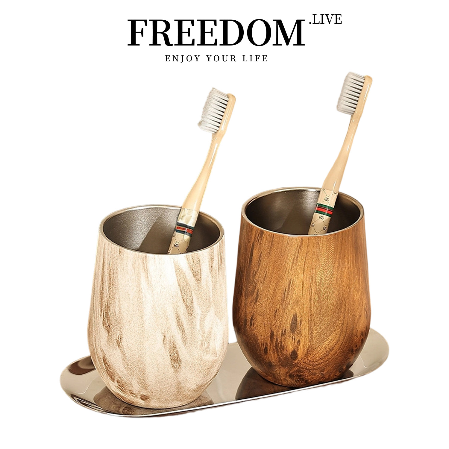 FREEDOM.LIVE 漱口杯不锈钢牙刷杯套装浴室卫生间防霉抗菌| 白牧