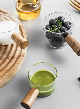 咖啡小奶盅萃取杯牛奶壶浓缩咖啡刻度量杯木柄咖啡加奶杯家用商用