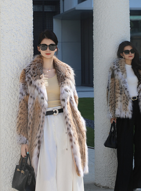 进口美国原色斑点猫豹纹lynx猫高奢裘皮外套女士皮草外套整皮整版