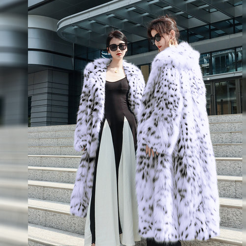 进口美国斑点纯白lynx长款皮草外套西装领竖排高奢裘皮大衣服装女
