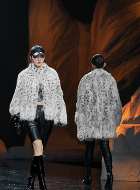 [纯白走秀系列]进口美国lynx皮草大衣立领短款裘皮外套斑点猫女