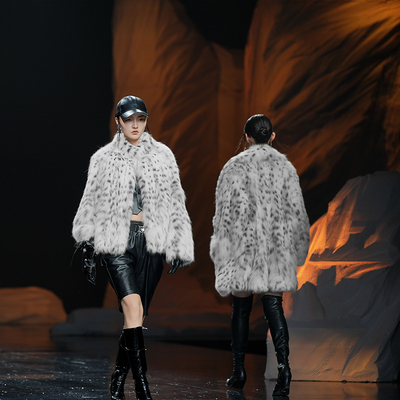 [纯白走秀系列]进口美国lynx皮草大衣立领短款裘皮外套斑点猫女