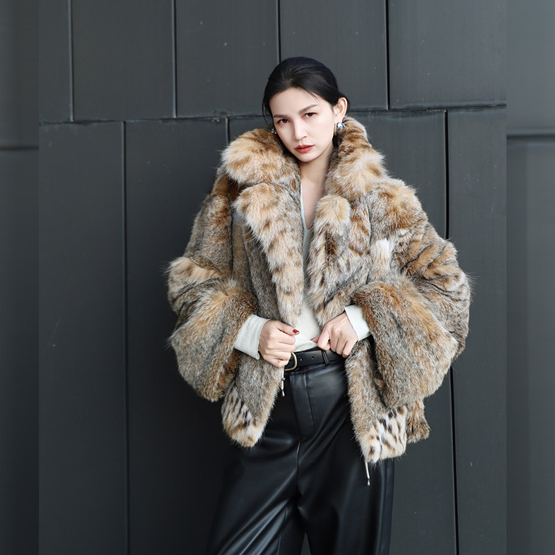 进口美国斑点lynx西装领斜纹背毛皮草外套裘皮大衣豹纹高奢时装