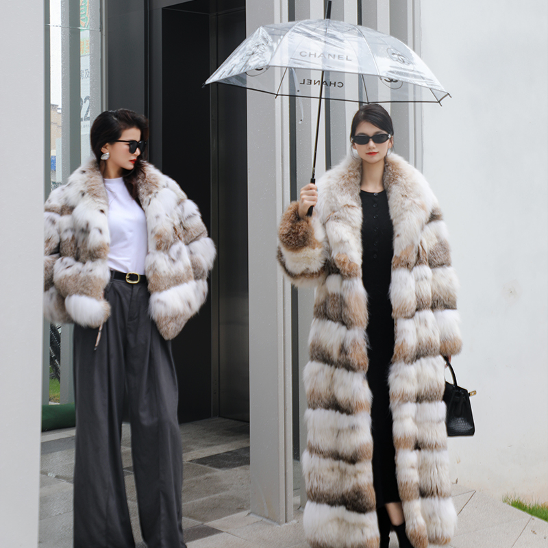 进口加拿大斑点横排lynx长款皮草外套西装领高奢裘皮大衣服装女