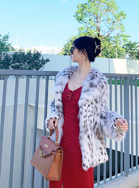 进口西装领纯白高奢斑点猫皮草女士裘皮外套lynx中长款整貂冬