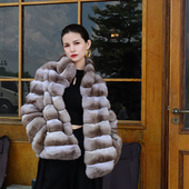 进口南美栗鼠皮草外套立领横排杏色青紫蓝裘皮大衣龙猫上衣女高奢