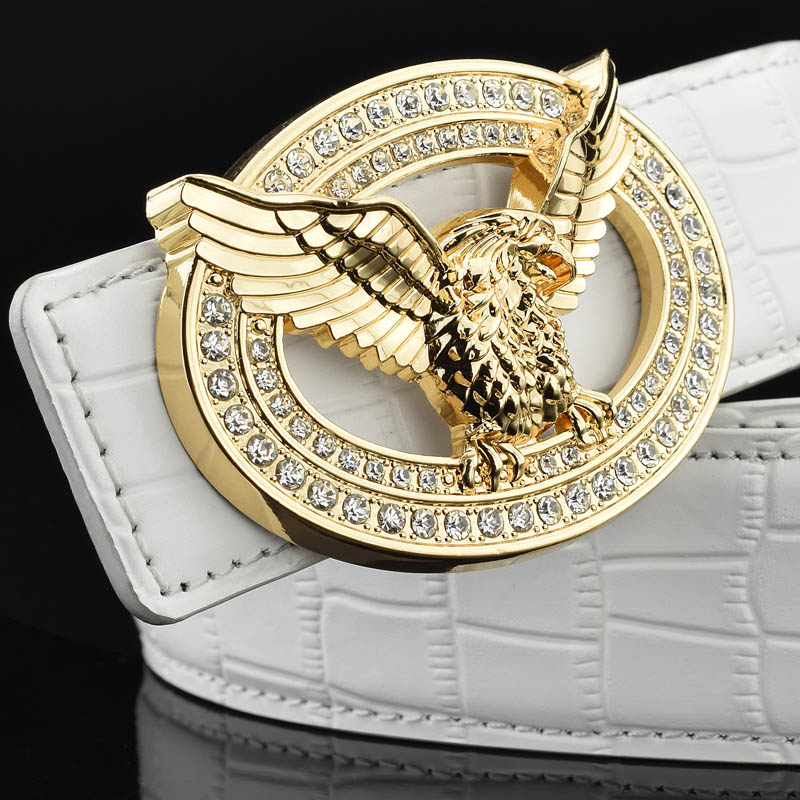 雄鹰韩版潮人圆扣镶钻白色皮带