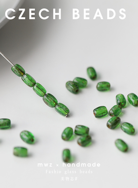 进口捷克珠5*3mm毕加索祖母绿色斑驳复古橄榄形筒珠玻璃珠材料