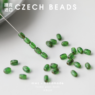 3mm毕加索祖母绿色斑驳复古橄榄形筒珠玻璃珠材料 进口捷克珠5