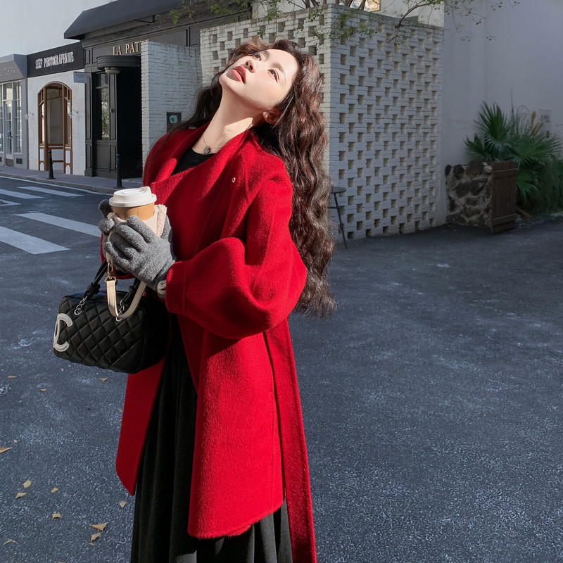 现货首发双旦主推款圣诞红双面羊毛呢大衣p285-k428