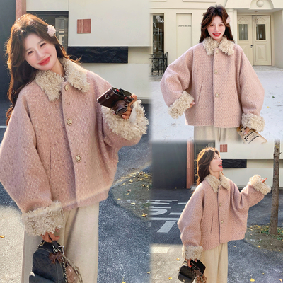 大货 7338羊羔毛拼接特种纱亮丝工艺羽绒羊毛呢外套P285控428