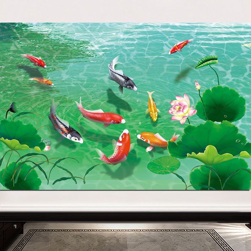 九鱼图荷叶荷花招财风水挂画新中式客厅墙面装饰画走廊海报画F251