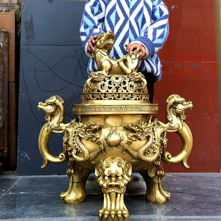 大号纯铜望天吼香炉中式天狗望月薰炉二龙戏珠三足双耳炉供香摆件