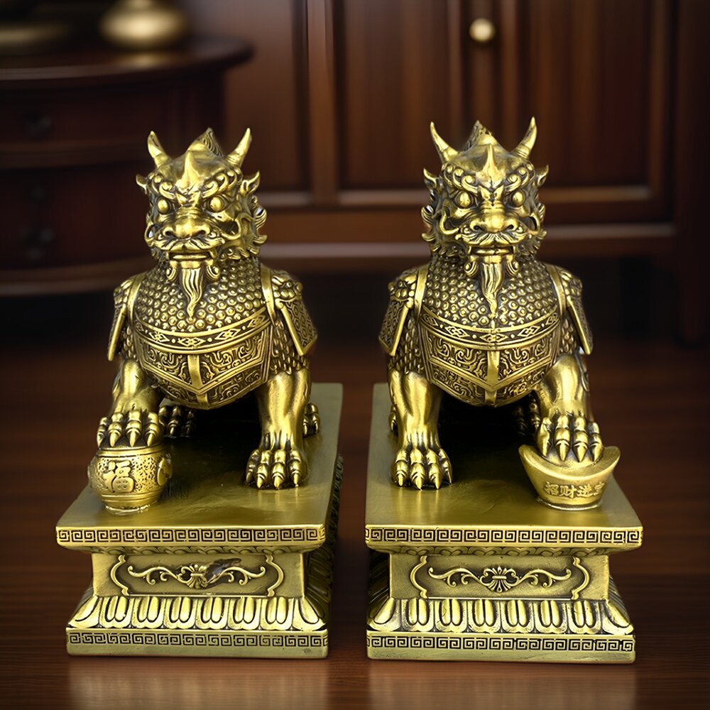 精工纯铜财福麒麟金刚座铠甲将帅坐元宝麒麟一对中式瑞兽招财摆件