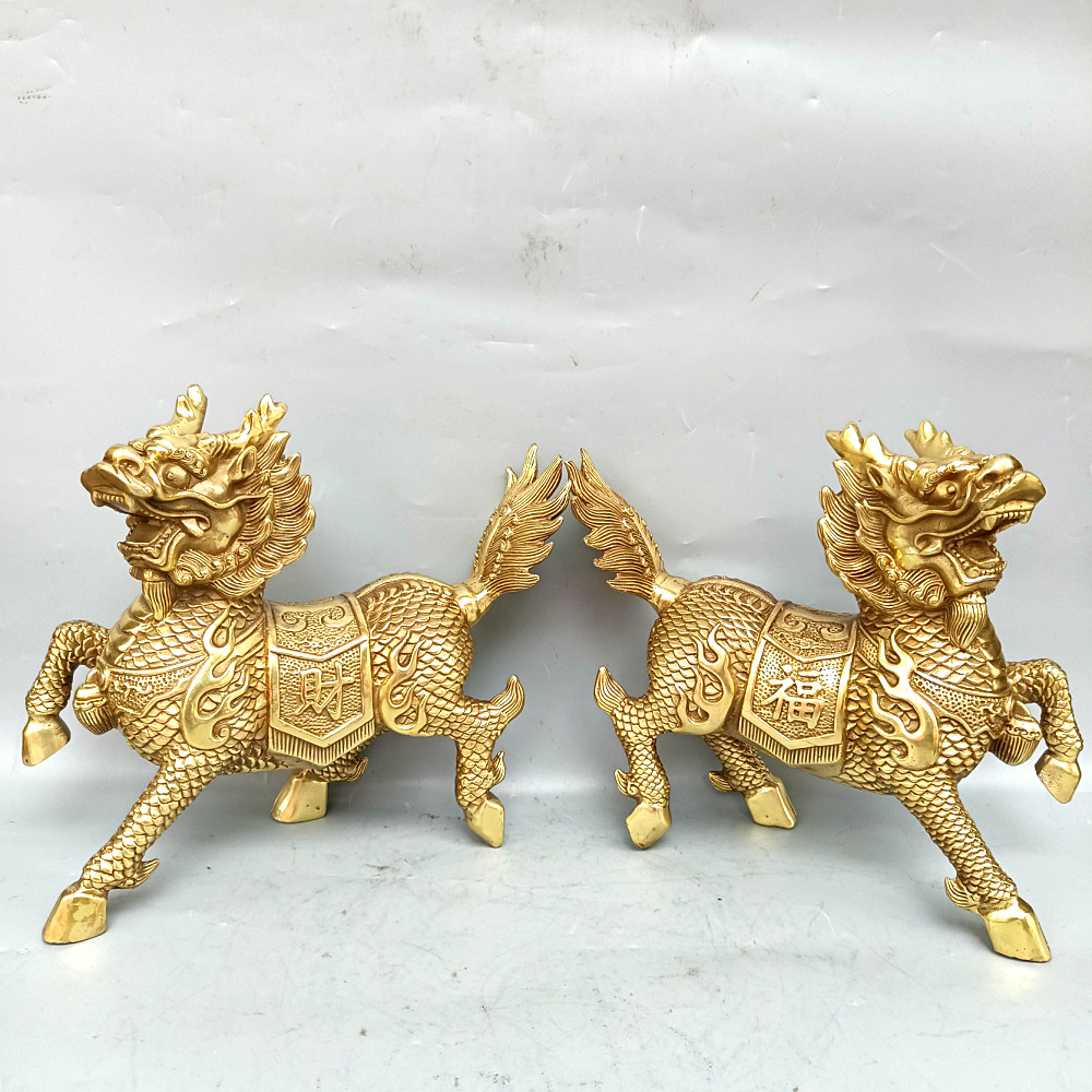 精工纯铜财福麒麟一对风水瑞兽火麒麟镇宅招财家居乔迁送礼品摆件