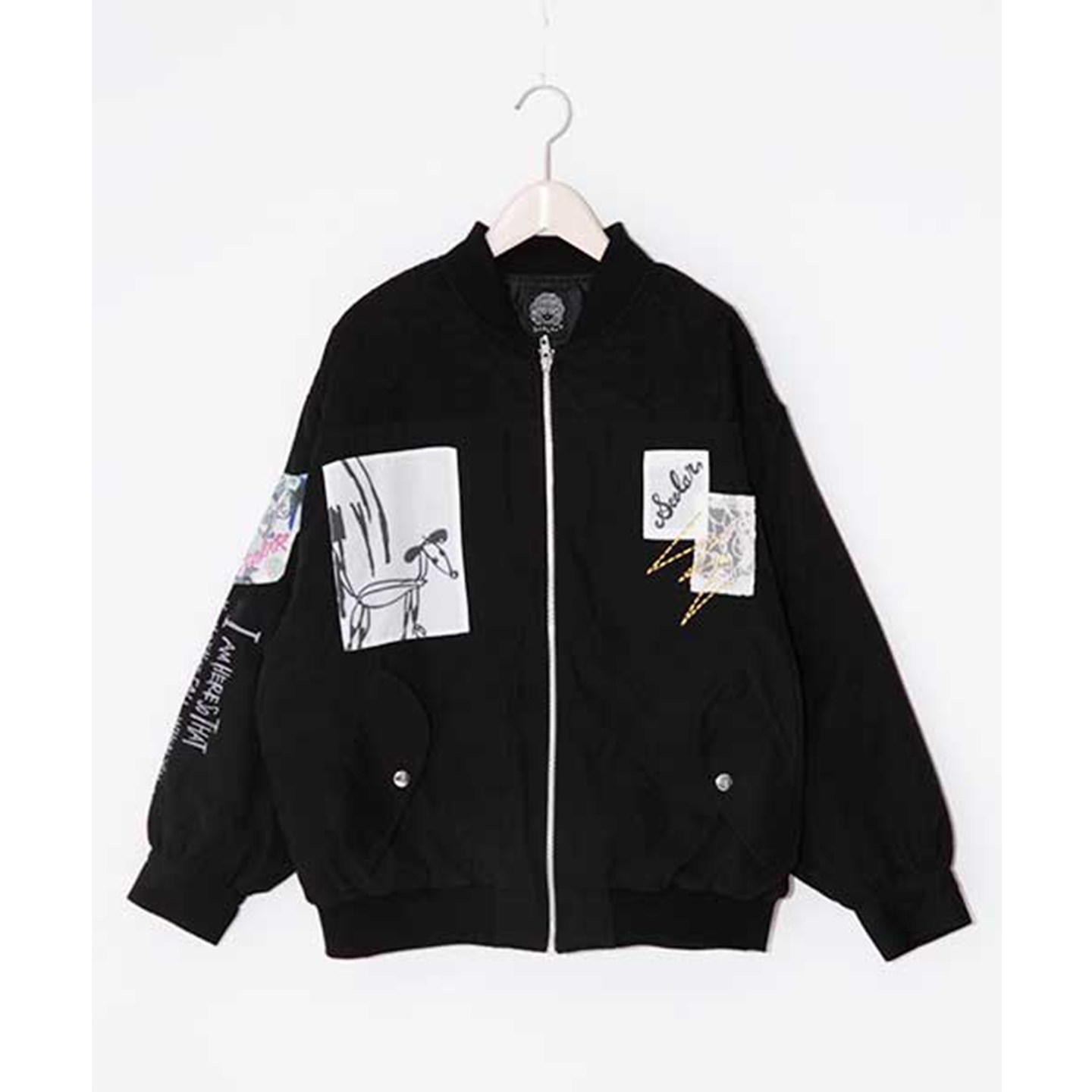 scolar丝柯乐黑色拼蕾丝贴布印花字母长袖薄棉夹克开衫外套173452