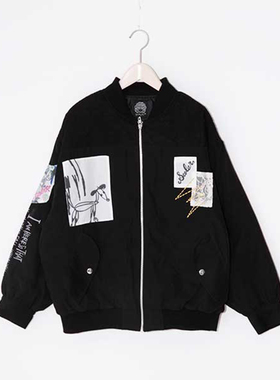 scolar丝柯乐黑色拼蕾丝贴布印花字母长袖薄棉夹克开衫外套173452