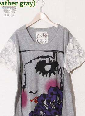 scolar丝柯乐  前后美女印花拼接蕾丝短袖圆领中长T恤  141353