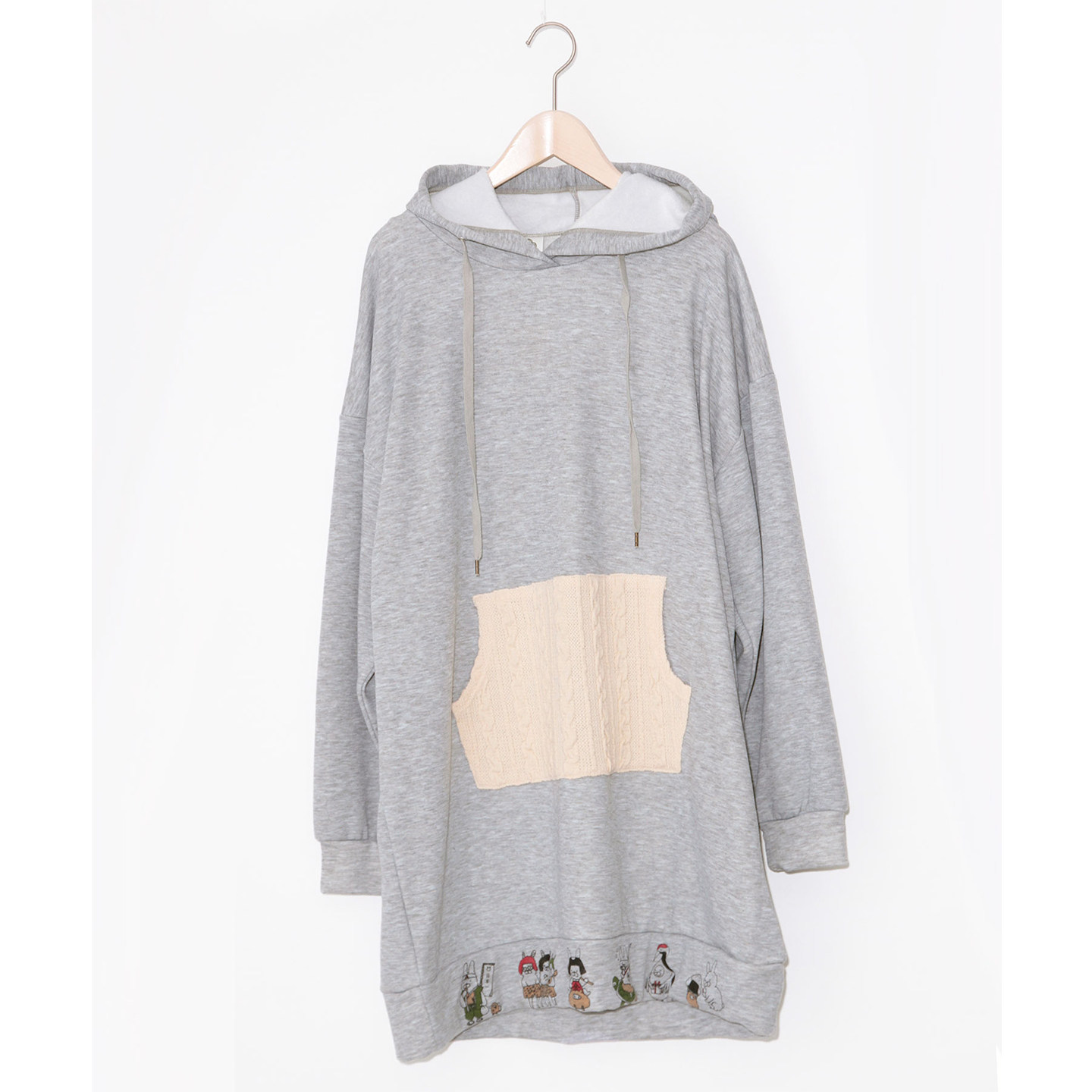 scolar丝柯乐前贴针织口袋下摆卡通印花连帽长袖中长卫衣173447