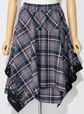 scolar丝柯乐 格子城堡大树印花不规则半身裙  163469