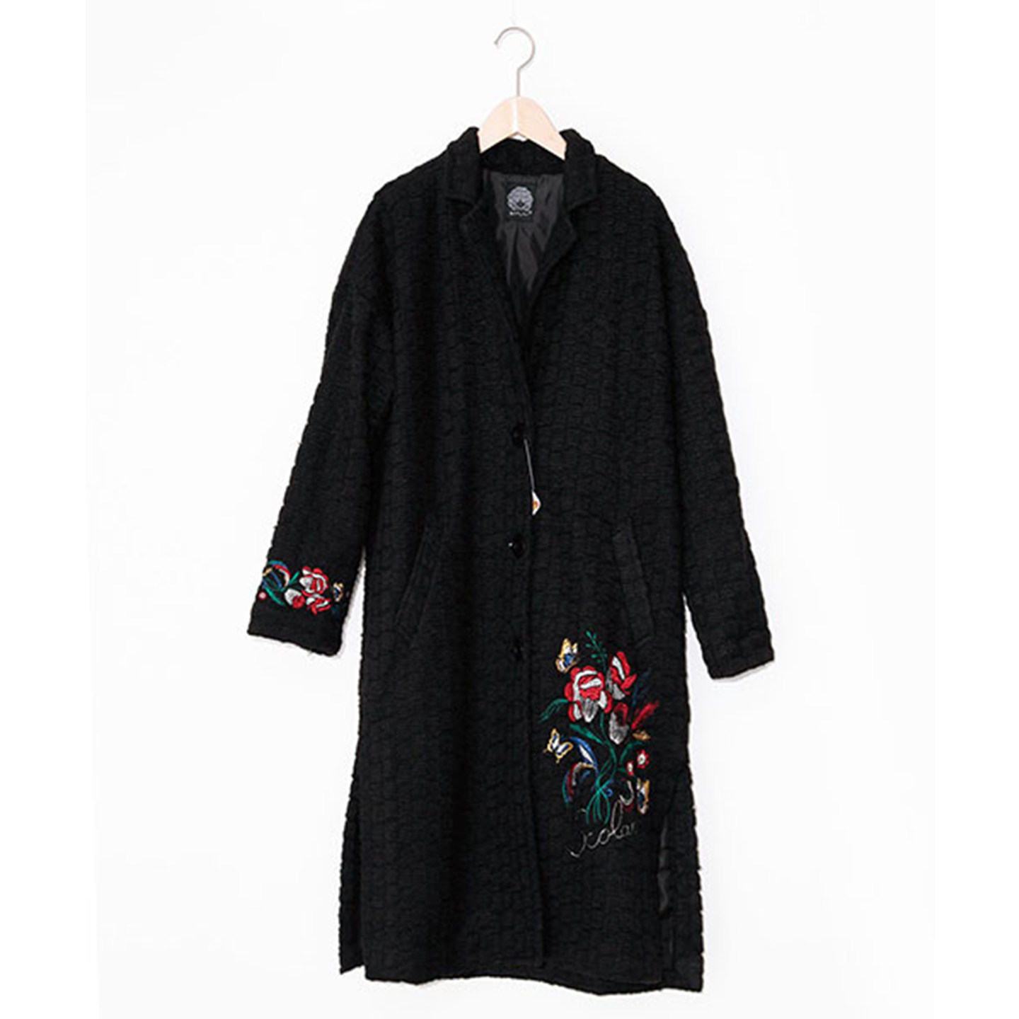 scolar丝柯乐 黑色袖口前口袋绣花长袖长款大衣开衫外套  173457