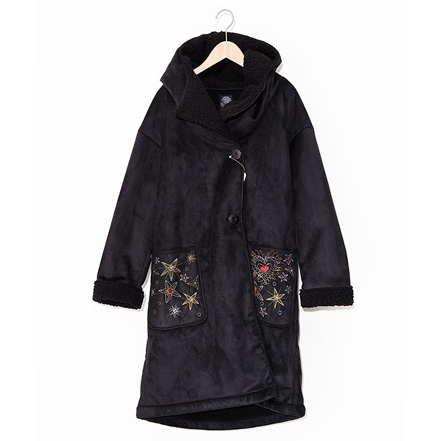 scolar丝柯乐 前两口袋绣花内仿羊羔绒连帽长袖长款外套  173456