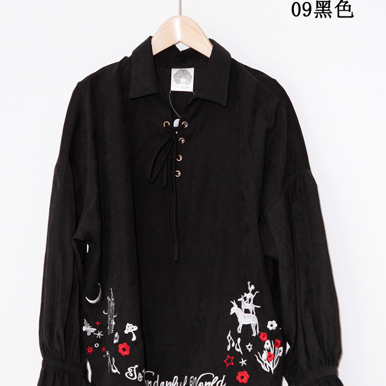 scolar丝柯乐  纯色刺绣领系带喇叭长袖休闲衬衫  173430