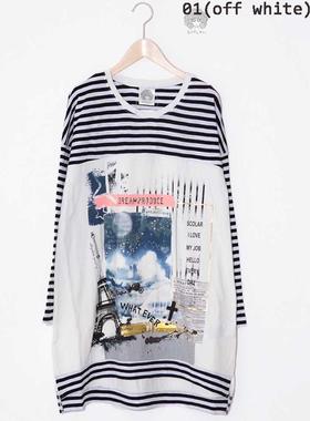 scolar丝柯乐  前短后长印花拼接条纹圆领长袖中长T恤  163362