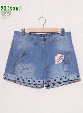Scolar/丝柯乐 卷边牛仔短裤女爱心显瘦全棉热裤刺绣142368