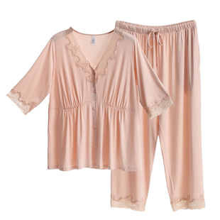 美奈川莫代尔睡衣女春秋款中袖长裤蕾丝V领大码家居服套装可外穿