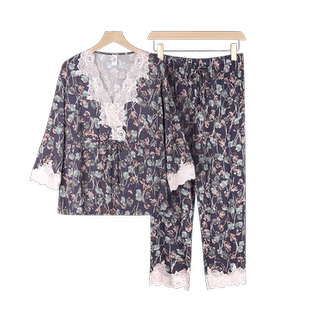 美奈川大码睡衣女莫代尔棉超柔软舒适蕾丝印花家居服套装可外穿薄