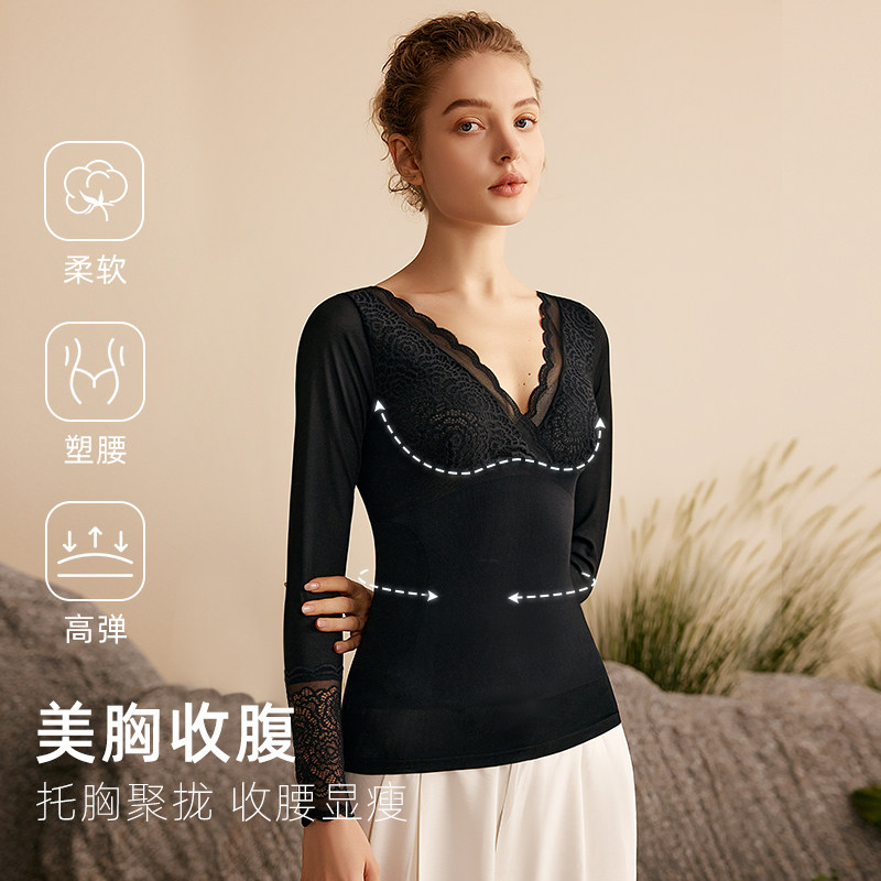 塑身上衣保暖性感蕾丝V领女士