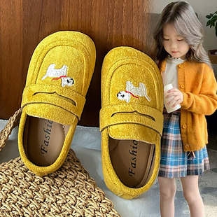 黄色乐福鞋女童小皮鞋儿童鞋子女鞋2026春秋一脚蹬豆豆鞋女宝宝鞋