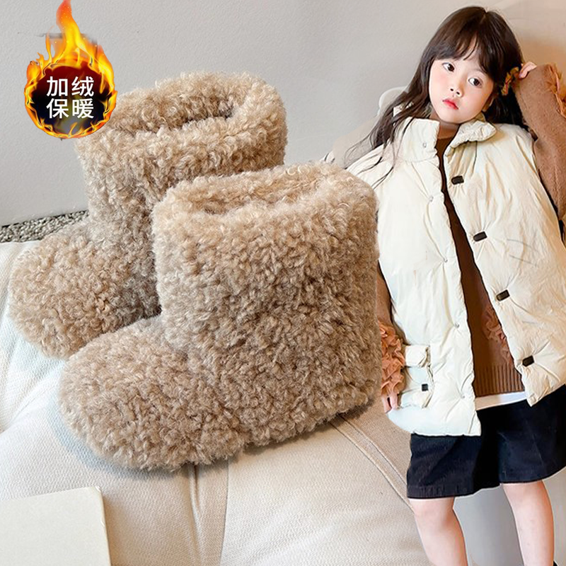 羊羔毛女童短靴一脚蹬女宝宝棉靴2025冬季爆款小女孩软底女童鞋子