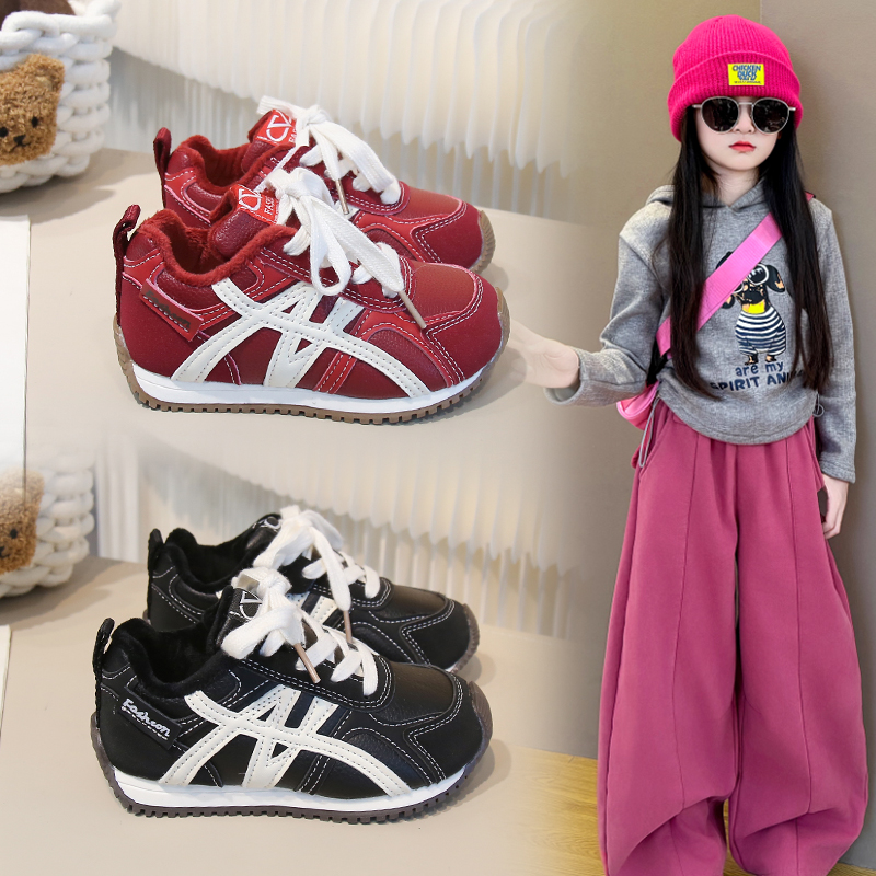 皮面二棉鞋女童鞋子儿童运动鞋加绒鞋中大童冬鞋2025新款休闲鞋女