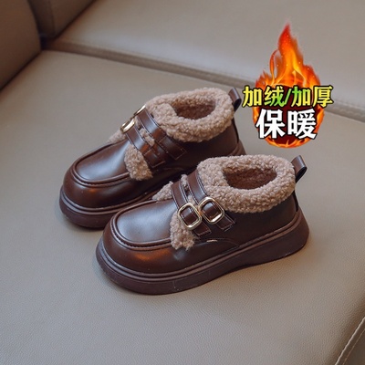 女童复古洋气加绒小皮鞋2025冬季新款儿童英伦风软底保暖加厚皮鞋