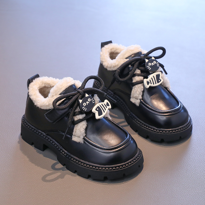 猫咪加绒皮鞋儿童鞋子女童乐福鞋女宝2025冬季黑色公主鞋毛毛鞋女