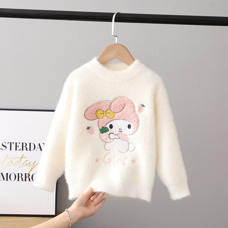 女童毛衣水貂绒秋冬装新款加绒加厚儿童宝宝美乐蒂白色针织打底衫