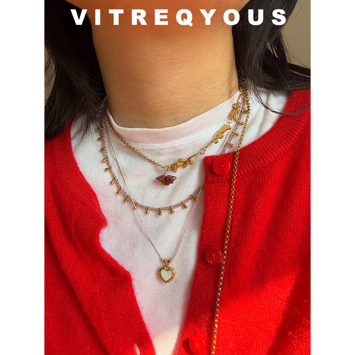 VITREQYOUS 复古少女美学粉紫透亮切面水晶贝壳爱心原创设计双链,饰品/流行首饰/时尚饰品新,项链,淘宝优惠券,粉丝福利购,淘宝优惠卷