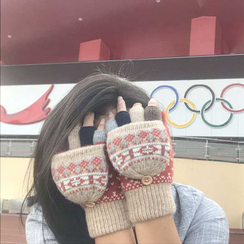加绒加厚半指手套羊毛翻盖女骑车