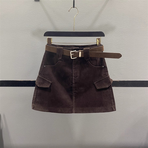 复古深咖灯芯绒工装半身裙女A字