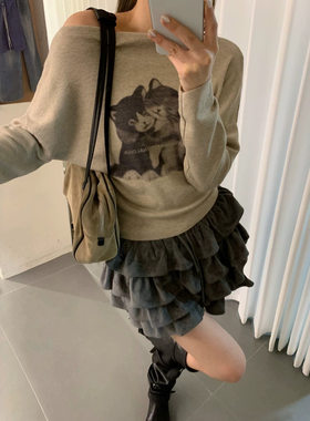 欧洲站女装一字领露肩猫咪印花长袖针织衫宽松显瘦斜肩上衣毛衣潮