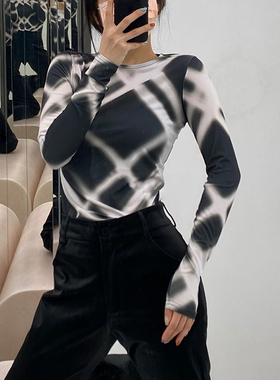 欧洲站小众设计SUGI SS24女装新款菱格印花T恤打底衫欧货上衣女潮