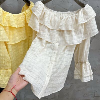 欧洲站女装新款法式荷叶边一字肩长袖衬衫上衣温柔风绝美收腰上衣