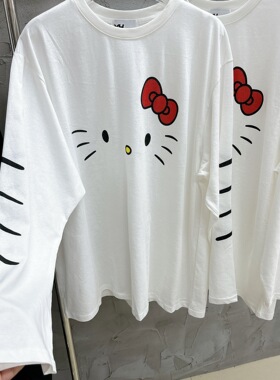 欧洲站女装新款卡通猫咪印花长袖T恤宽松百搭减龄洋气打底衫上衣