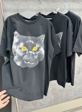 欧洲站女装新款新款猫咪复古印花宽松休闲圆领T恤短袖洋气上衣潮