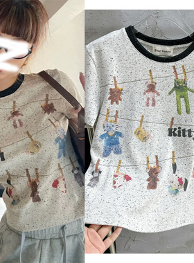 欧洲站女装新款甜美可爱猫咪夹子图案印花短袖T恤女修身短上衣潮