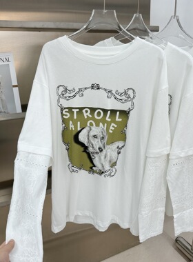 欧洲站女装新款假两件短袖T恤小狗字母印花休闲长袖防晒减龄百搭T