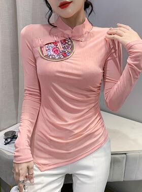 欧洲站女装新款长袖T恤中国风复古立领旗袍上衣显瘦刺绣打底衫潮