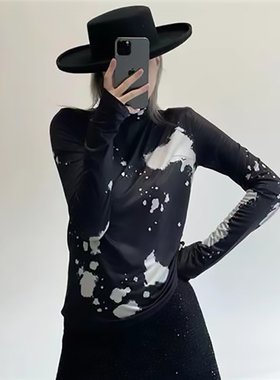 欧洲站女装小众sugi泼墨高领印花上衣T恤修身显瘦打底衫女欧货潮